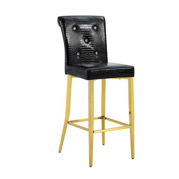 English Elm Modern Tempered Glass Pub Set with Gold Chrome Base and Black Pu Leather Stools W3875S00039
