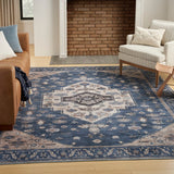 Nourison Brilliance Machine Washable WSB03 Machine Made Power-loomed Ornamental Border Indoor Only Vintage Bohemian Rug Denim, Denim 100% Polyester 99446914248