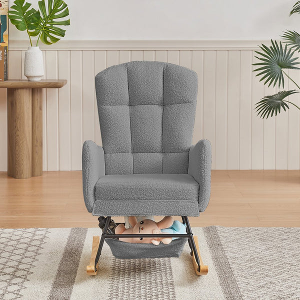 English Elm Beige Plush Teddy Fabric Rocking Chair High Back Armchair for Nursery or Reading Nook Grey W3985P386792