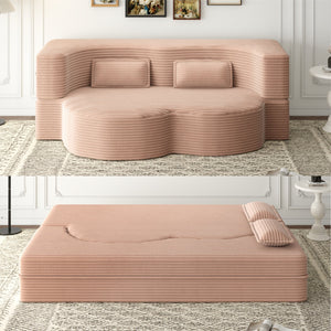 English Elm Modern Full Size Folding Sofa Bed with Plush Corduroy, 2 Pillows, 15" Foam Mattress, No Assembly Required Pink W1885P347085