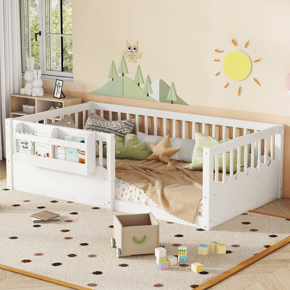 English Elm Twin Low Profile Kids Floor Bed Pine Wood Frame with Safety Rail and Built in Bookshelf White W1580P373134