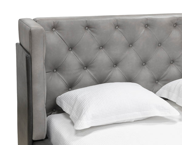 Sunpan LAURA Queen Bed - Modern Diamond-Tufted Design with Mixed Faux Leather & Rustic Iron Base 107753