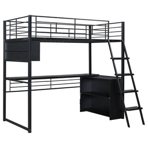 English Elm Twin Metal Loft Bed with LED Desk & 4 Shelves, Black — Sturdy Metal/Wood Frame, Space-Saving Design GX000652AAB