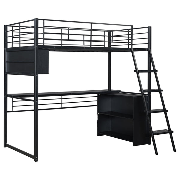 English Elm Twin Metal Loft Bed with LED Desk & 4 Shelves, Black — Sturdy Metal/Wood Frame, Space-Saving Design GX000652AAB
