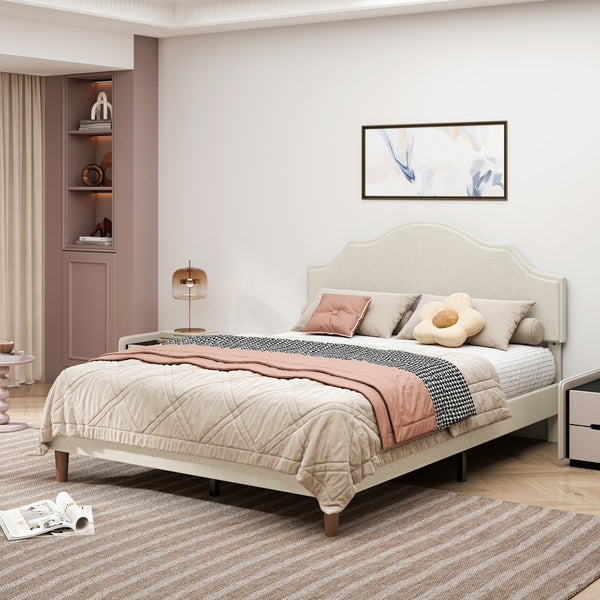 English Elm Queen Upholstered Platform Bed with Adjustable Headboard, Linen Fabric, Sturdy 1000lb Frame, Beige W1716P280054