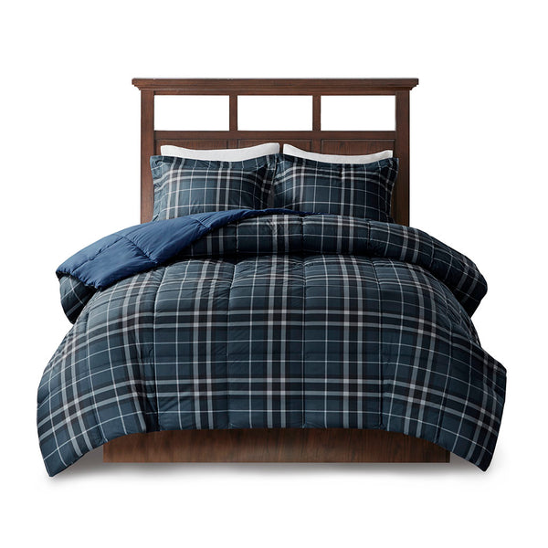JLA Home Woolrich - CozySpun Navy Plaid Down Alternative Comforter Mini Set — Hypoallergenic, OEKO-TEX, Flannel Soft Warmth WR10-2482
