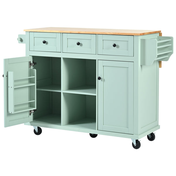 English Elm Kitchen Cart with Drop-Leaf Rubberwood Countertop, Rolling Island with Cabinet, Drawers & Racks for Dining Room - Stylish Durable Storage Solution Mint Green WF298028AAE