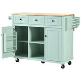 English Elm Kitchen Cart With Rubber Wood Drop-Leaf Countertop ,Cabinet Door Internal Storage Racks,Kitchen Island On 5 Wheels With Storage Cabinet and 3 Drawers For Dinning Room, Mint Green