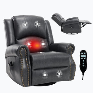 English Elm Heat Massage Rocker Swivel Recliner Chair with Lumbar Relief Nodes for Living Room Grey W3224S00030