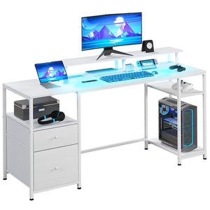 English Elm Homcom 61 Inch Gaming Desk with Led Strip Power Outlets Shelves Monitor Stand W2225P217259