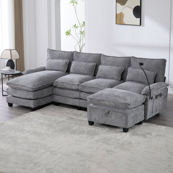 English Elm United U-Shaped Sectional Sofa 106" Cloud Couch - Comfy Chenille, Storage Ottoman, Usb Ports & Pillows W1568S00232-GIGA