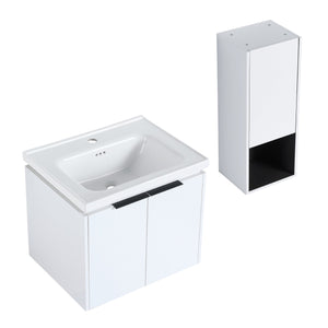 English Elm 24" Wall-Mounted Bathroom Vanity With Ceramic Sink & Side Cabinet - Stylish Soft-Close Design! W999S00333