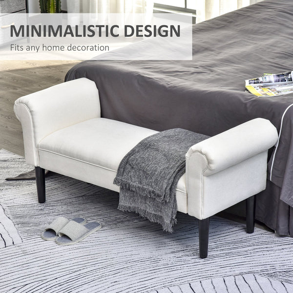 English Elm HOMCOM Upholstered Linen 52" End of Bed Bench with Armrests, Padded Ottoman Seat and Under-Storage Cream White W2225P217017