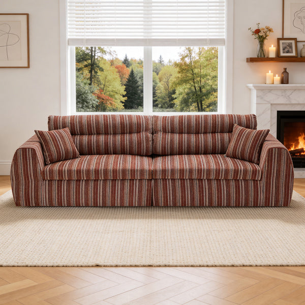 English Elm Chenille Stripe Velvet Sofa Three Seat Minimalist Upholstered Couch for Living Room Mahogany,Red+Brown W5532S00013