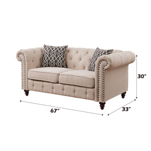 English Elm Aurelia Beige Linen Loveseat with 2 Patterned Pillows, Chesterfield Tufted Arms, Nailhead Trim, KD Legs B2726P288350