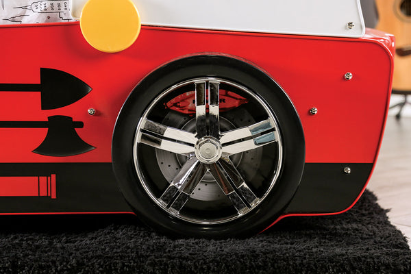 English Elm Twin Fire Truck Bed for Kids with Molded Fascia, Siren Accent, Stationary Wheels & Slat Kit Durable Finish Red 84 L x 20 W x 3 H B2741S00499