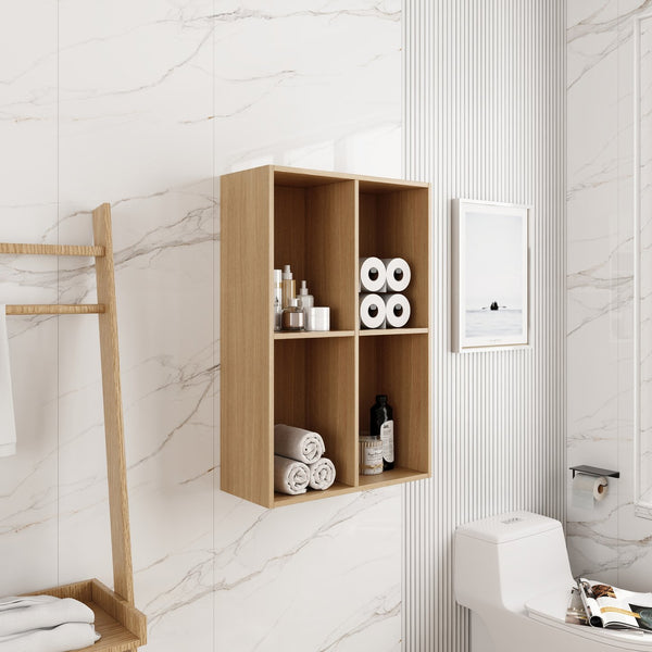 English Elm 24 Inch Wall Mounted Oak Shelving Unit Two Open Compartments for Bathroom or Study W1972P457946
