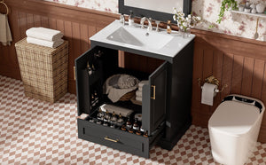English Elm 30" Freestanding Bathroom Vanity Matte Black Solid Wood Ceramic Sink Soft Close N729P321376B