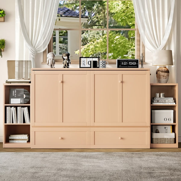 English Elm Queen Murphy Bed With Elegant Golden Finish, Spacious Storage Drawers, And Shelves For Compact Spaces W1580S00258-GIGA