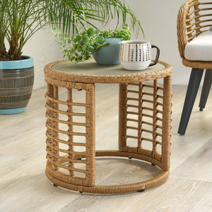English Elm Christopher Knight Home® - TATIANA Side Table Rattan Accent with Sleek Round Profile, Durable Woven Texture, Compact Design Light Brown 66027.00LBRN