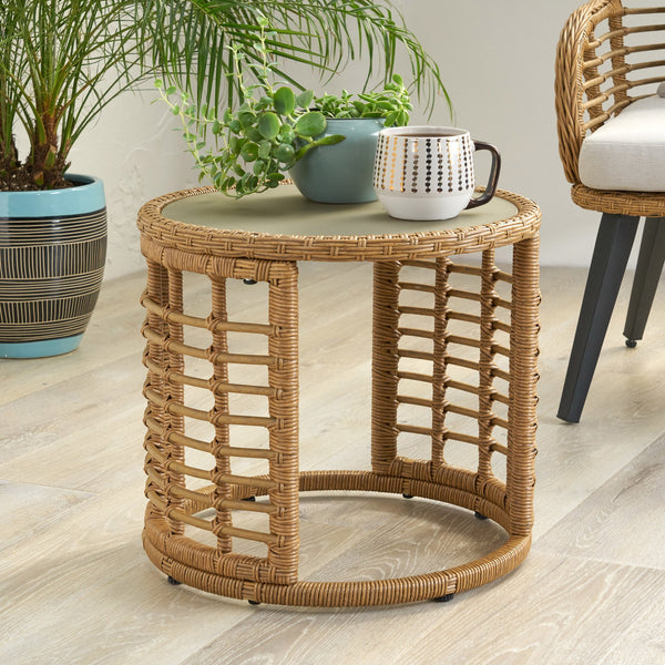 English Elm Christopher Knight Home® - TATIANA Side Table Rattan Accent with Sleek Round Profile, Durable Woven Texture, Compact Design Light Brown 66027.00LBRN