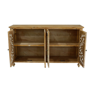 English Elm Accent Distressed Cabinet with 4 Doors - Farmhouse Sideboard Buffet, Carved Floral Fronts, Slim Storage for Entryway W2295P246504