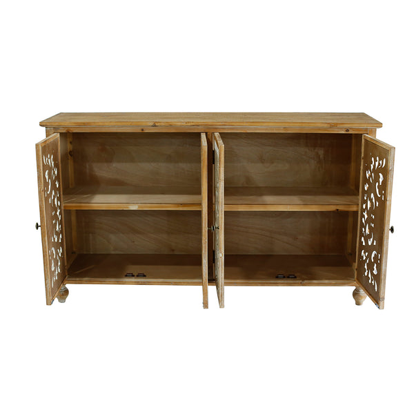 English Elm Accent Distressed Cabinet with 4 Doors - Farmhouse Sideboard Buffet, Carved Floral Fronts, Slim Storage for Entryway W2295P246504