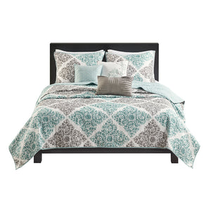 JLA Home Madison Park - 6 Madison Park Claire 6-piece reversible quilt set with crisscross diamond leaf print and pillows, OEKO-TEX certified Aqua MP13-1420