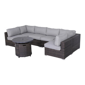 English Elm 4 Person Wicker Outdoor Lounge Set with Fire Pit, 7-Piece HDPE Wicker Sectional, 14 Cushions, Weatherproof Comfort B120S00083