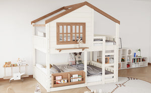 English Elm Full Bunk Bed with Trundle Bookshelf Storage Pine Frame Car Design for Kids Beige W1580S00523