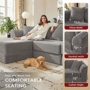 English Elm 102" Modular Cloud Sectional Corduroy Sofa with Reversible Chaise for Living Room Grey W5638S00004