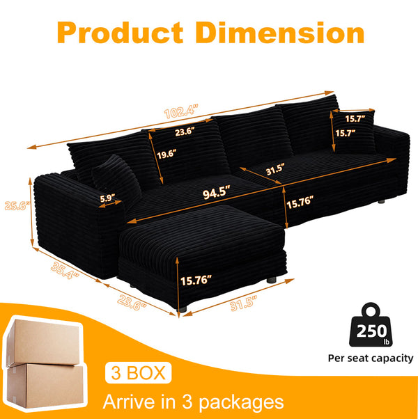 English Elm 102.4 Inch Plush Corduroy Cloud Sofa Deep Seat Four Person Convertible Lounge for Living Room Black W1885S00277