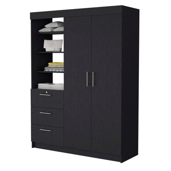 English Elm Tempe Black 3-Drawer Armoire with 3-Tier Display Shelves, 2-Door Closet Space & Metal Handles B128S00119