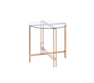 English Elm Veises Champagne Finish End Table with Clear Glass Top, Round Metal Drum Base, Modern Elegant Accent B2726P244382