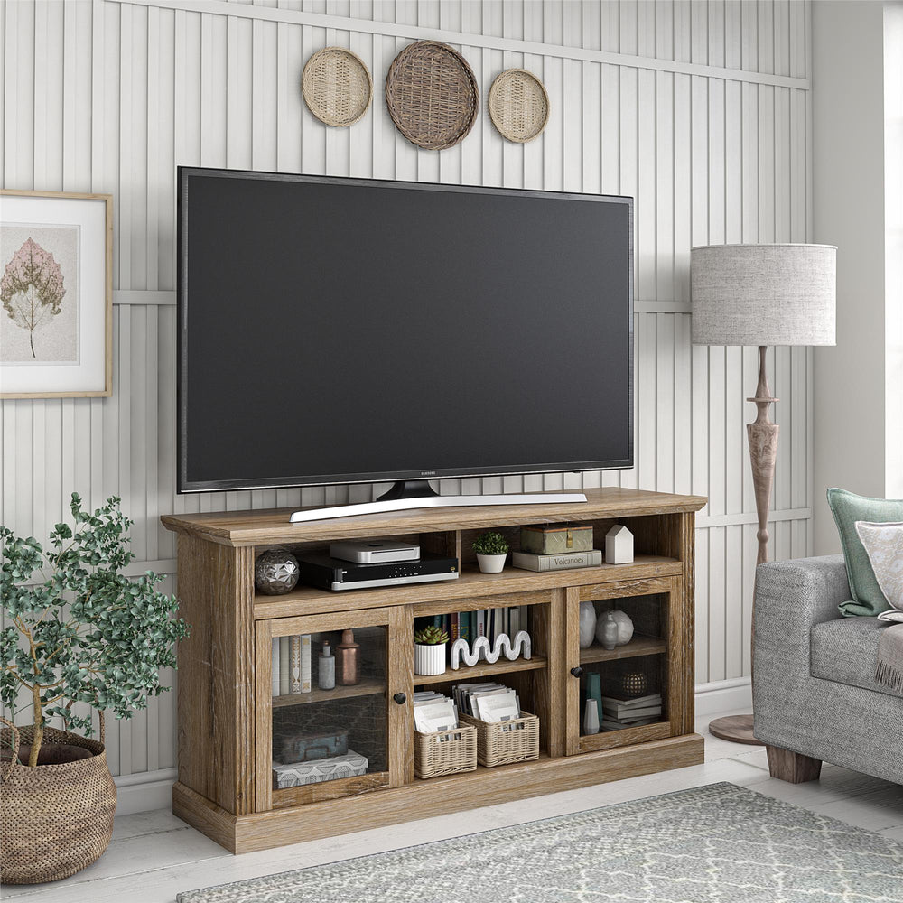 English Elm Chicago Wood Grain Tv Stand with Glass Door Cabinets for Living Room Media Storage B2733S00003