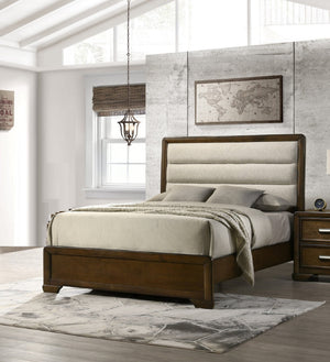 English Elm Beautiful Contemporary Queen Size Panel Bed with Beige Upholstered Headboard, Solid Wood Finish, Elegant Design and Easy Assembly Brown 82.5 L x 41.5 W x 7 H B011S01227