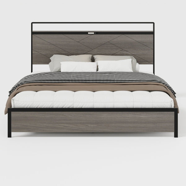 English Elm Bed Frame King Size - Antique Grey Wooden Platform With Led Headboard, Usb Ports & Hidden Storage W636P294977