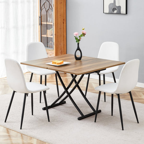 English Elm Table and Chair Set Adjustable Height Mdf Wood Grain Top with Four Linen Dining Chairs W1151S03771