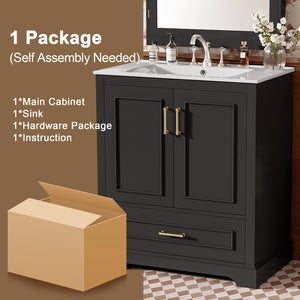 English Elm 30" Freestanding Bathroom Vanity Matte Black Solid Wood Ceramic Sink Soft Close N729P321376B