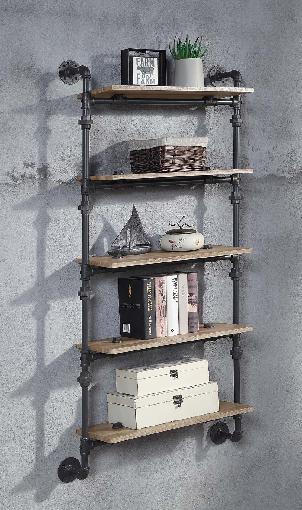 English Elm 5 Pipe Wall Shelf - 5-Tier Oak Shelves with Sandy Black Metal Tubes, Farmhouse Industrial Storage Display B016P324164