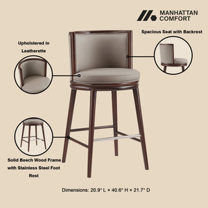 English Elm Evalyn Taupe Leatherette Barstool with Beech Wood Legs — Upholstered Foam Seat, Walnut Frame, Steel Footrest PMID B365P398057