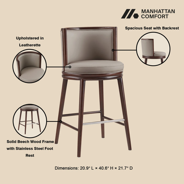 English Elm Evalyn Taupe Leatherette Barstool with Beech Wood Legs — Upholstered Foam Seat, Walnut Frame, Steel Footrest PMID B365P398057