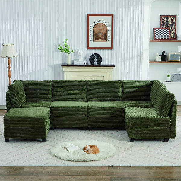 English Elm Corduroy Plush U-Shaped Sectional Sofa with Storage Ottoman, Pet-Friendly Durable Modular Comfort Green W2915S00065