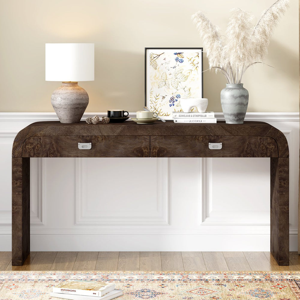 English Elm U_style Burl Veneer Console Table with Two Drawers for Foyer Living Room Hallway Dark Brown N711P216235P