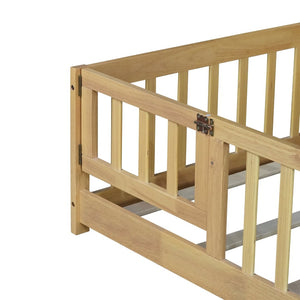 English Elm Twin Size Floor Bed With Safety Fence And Door – Eco-Friendly Rubber Wood, Low-Profile Design For Kids W504P286374-GIGA