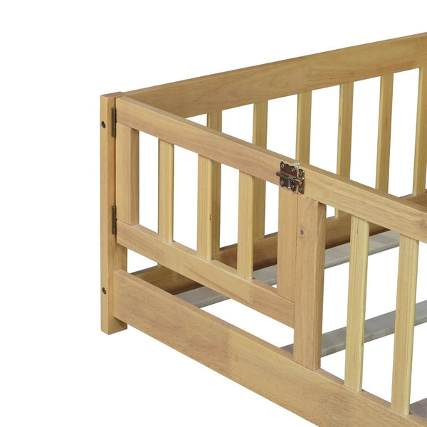 English Elm Twin Size Floor Bed With Safety Fence And Door – Eco-Friendly Rubber Wood, Low-Profile Design For Kids W504P286374-GIGA
