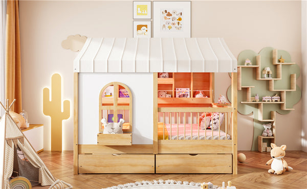 English Elm Full Size Kids House Bed with Led Bookshelf Storage Drawers and Charging Station Natural LP000378AAN