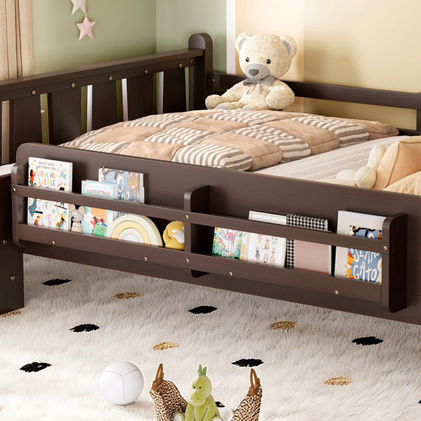 English Elm Twin Pine Floor Bed for Kids with Side Bookcases Built-in Stairs and Safety Guardrails Espresso W1580P390226