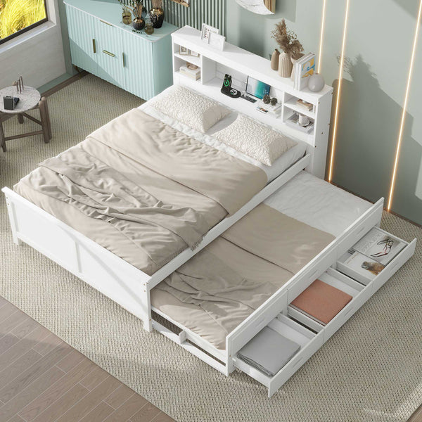 English Elm Full Full Size Platform Bed with Storage Headboard, USB Ports, Twin Trundle & 3 Drawers, Solid Wood White GX000720AAK
