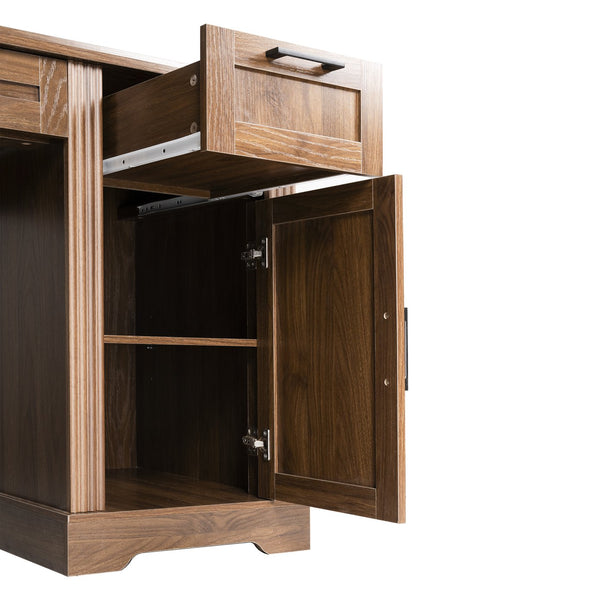 English Elm 59" Fluted Oak L-shaped Corner Desk with Charging Station Monitor Stand and File Storage Dark Walnut W2917S00007
